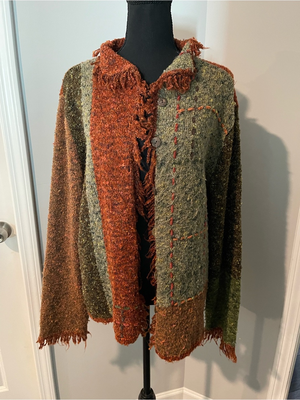 Chicos Textured Fringe Patchwork Cardigan Jacket - Rust & Olive